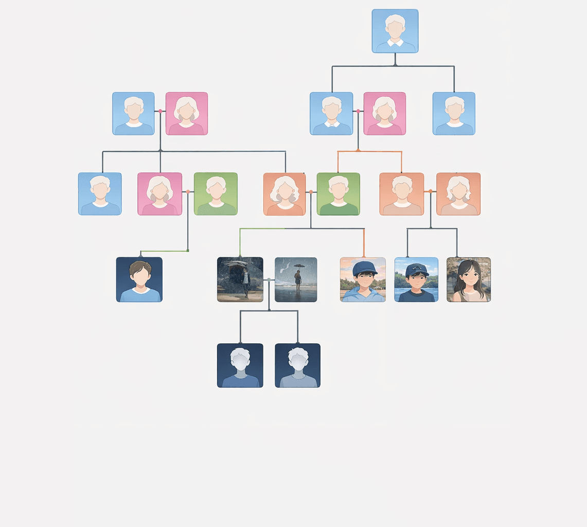 Abstract 3D network of glowing nodes representing family connections